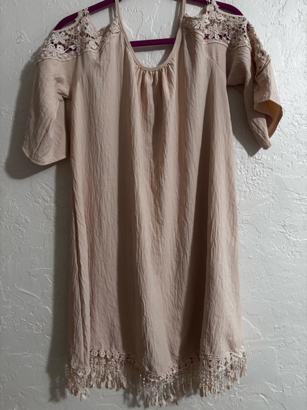 Shein Boho Lace Trim Tunic Dress Fringe Hem Beige Size‎ L